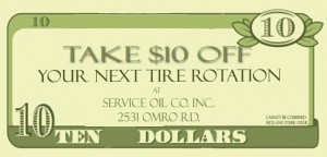 $10 off Tire Rotation | Service Oil Company | Oshkosh, Wisconsin